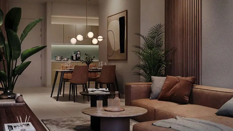 Type A living and dining area with dining table, sofa and pendant lights